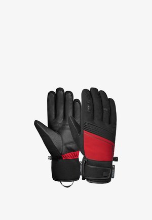 Black and red winter gloves with leather and textile materials, featuring a padded wrist cuff and elastic band for a secure fit.