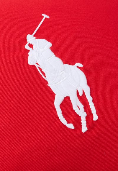 Λευκός κεντημένος παίκτης πόλο πάνω σε άλογο που κρατάει μαλέτα, κεντημένος σε κόκκινο ύφασμα.