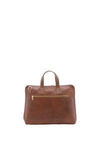 Bruine leren tas met twee korte handvatten, voorvak met rits en gouden rits. Glad oppervlak, rechthoekige vorm, minimale stikdetails.