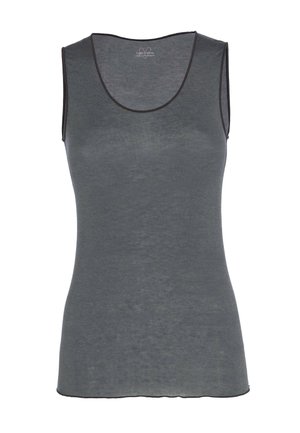 Top senza maniche grigio realizzato in tessuto leggero, con scollatura rotonda e bordo nero lungo i lati. Texture liscia con un design semplice.