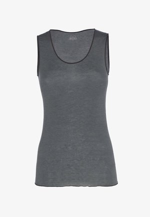 Top senza maniche grigio realizzato in tessuto leggero, con scollatura rotonda e bordo nero lungo i lati. Texture liscia con un design semplice.