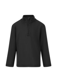 Schwarzer Pulli mit langen Ärmeln, hohem Kragen und halbem Reißverschluss. Die Textur des Stoffs zeigt subtile Rippen und gerade geschnittene Ärmel.