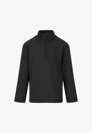 Schwarzer Pulli mit langen Ärmeln, hohem Kragen und halbem Reißverschluss. Die Textur des Stoffs zeigt subtile Rippen und gerade geschnittene Ärmel.