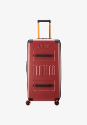 Rode harde koffer met gestructureerd oppervlak, zwarte accenten, oranje handvat en rolwielen. Bevat het Jeep-logo op de voorkant.