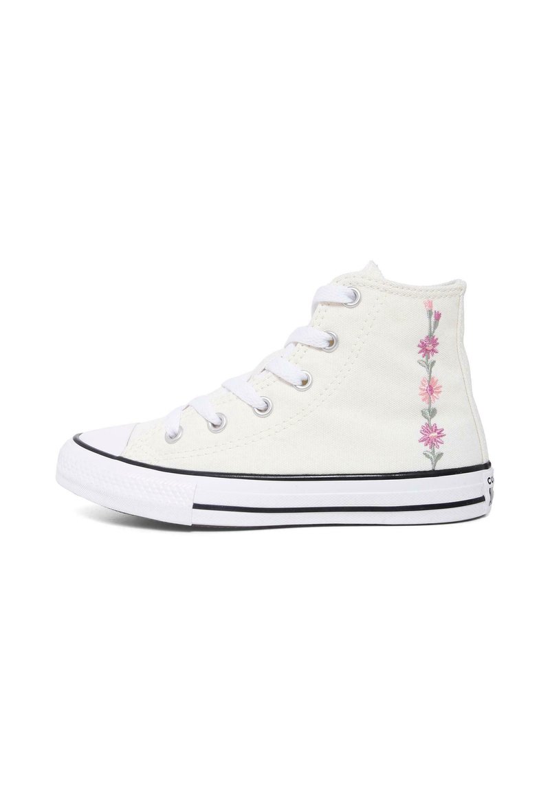 Sneaker alta in tela bianca con ricamo floreale in rosa, dettagli verdi, lacci piatti e punta in gomma; dettaglio di rifinitura della suola nera.