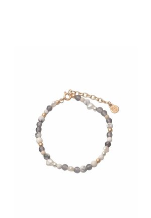 Zarter Perlenarmband mit grauen, weißen und goldenen Perlen, mit verstellbarer goldener Kette und rundem Verschluss.