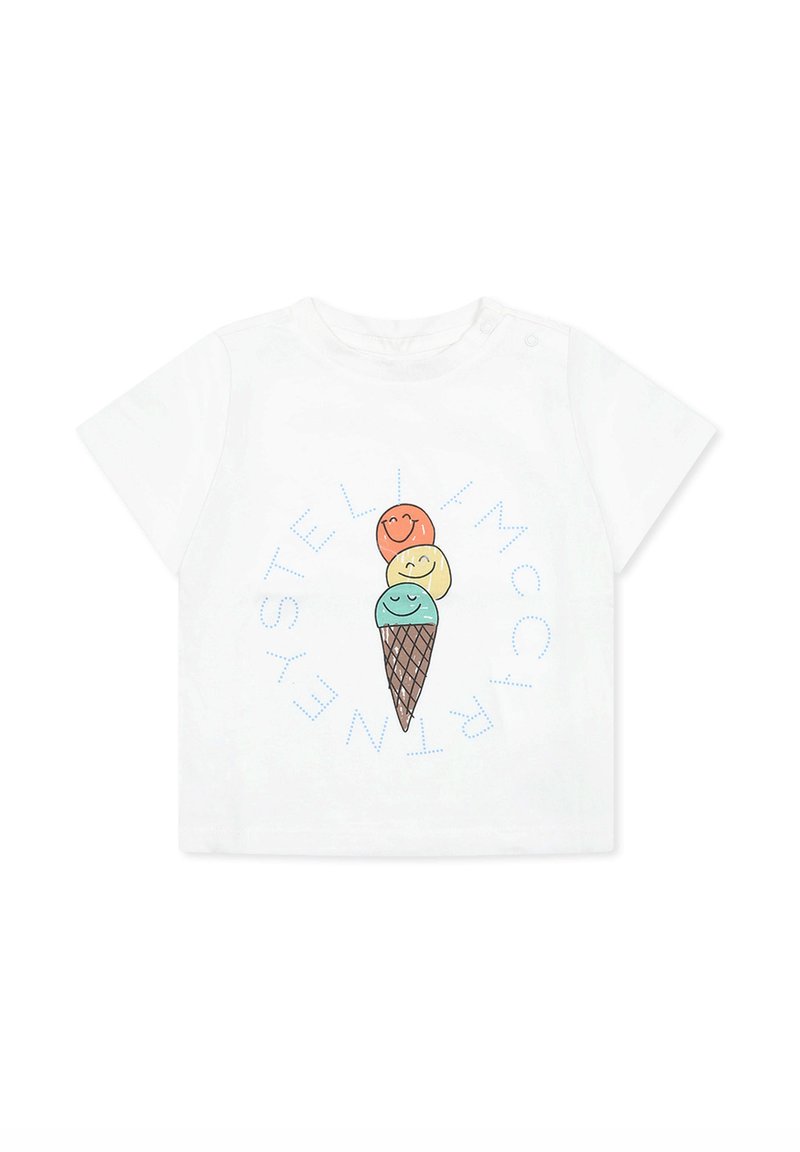 T-shirt bianco a maniche corte con una grafica di tre palline di gelato sorridenti in arancione, giallo e teal su un cono marrone.