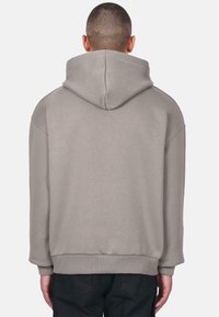 Lysegrå hættetrøje med en blød tekstur, oversized pasform og ribbede cuffs, der viser et sømløst bagdesign uden ekstern branding.