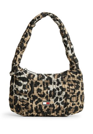 Petit sac à épaule avec imprimé animal beige, noir et blanc, texture de tissu froncé et logo Tommy Jeans au centre avant.