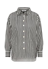 Black and white striped button-up shirt with a collar, long sleeves, and a curved hem. Features solid color cuffs and button details.