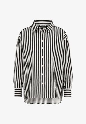 Black and white striped button-up shirt with a collar, long sleeves, and a curved hem. Features solid color cuffs and button details.