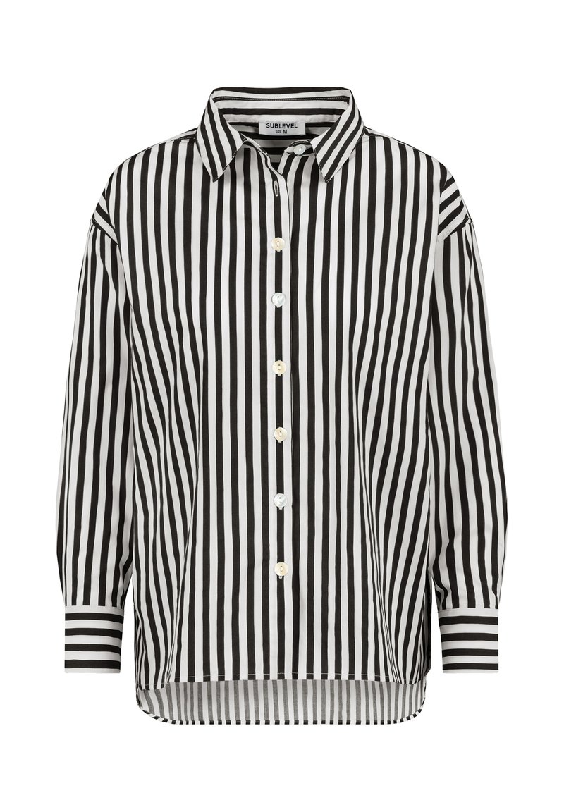 Black and white striped button-up shirt with a collar, long sleeves, and a curved hem. Features solid color cuffs and button details.