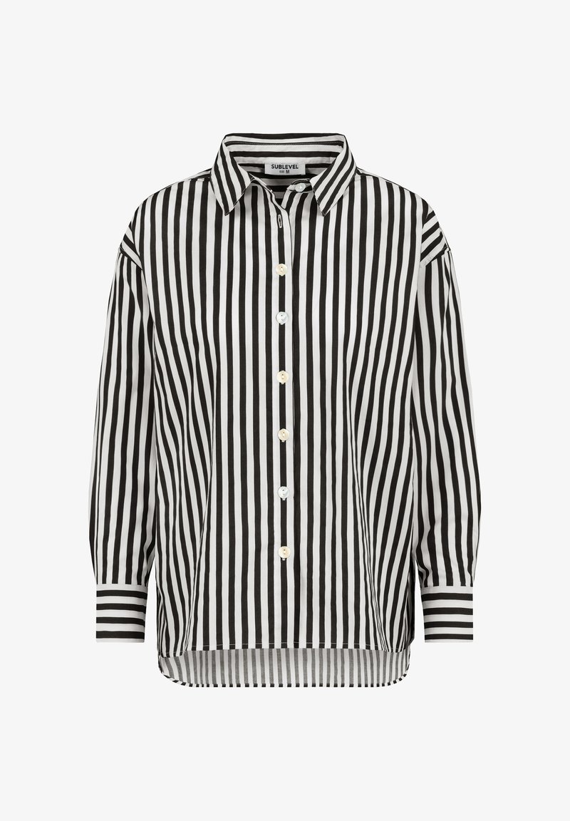 Black and white striped button-up shirt with a collar, long sleeves, and a curved hem. Features solid color cuffs and button details.