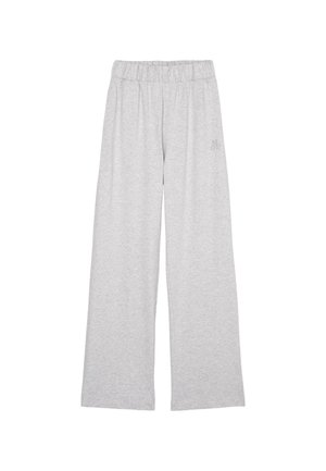 Grå sweatpants tillverkade av mjukt tyg, med en bred bendesign, elastisk midja och en liten logodetalj på framsidan.