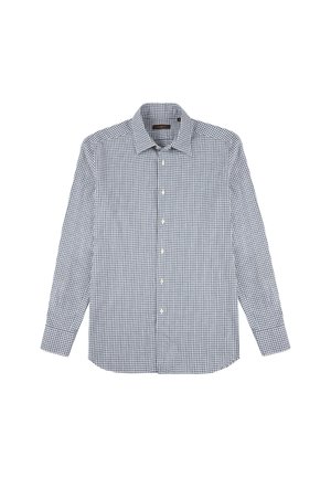 Blau-weiße kariertes Langarmhemd mit Button-Down-Kragen und geradem Saum. Der Stoff fühlt sich glatt und leicht an.