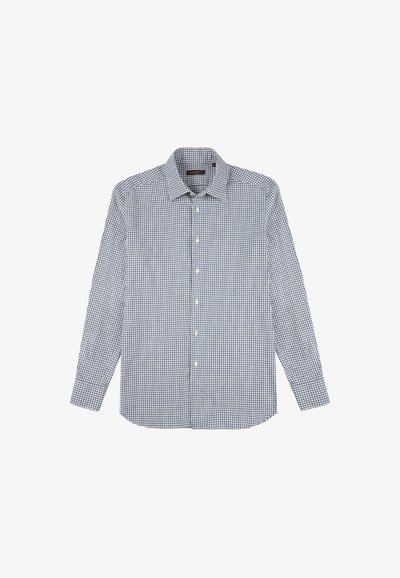 Camicia a maniche lunghe blu e bianca a quadri con colletto abbottonato e orlo dritto. La texture del tessuto appare liscia e leggera.