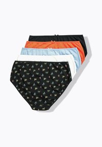 Verpakking van vijf onderbroeken met een zwarte optie voorzien van meerkleurige dierenpatronen, plus effen kleuren: oranje, lichtblauw, wit en zwart.