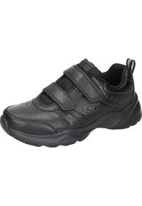 Scarpa sportiva nera con tomaia in pelle sintetica, ampi cinturini in Velcro, suola imbottita e design testurizzato per una maggiore presa.