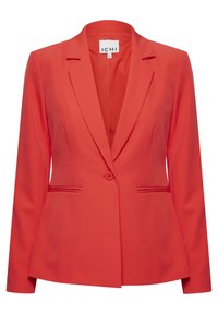 Blazer rouge à coupe ajustée, col à revers crantés, fermeture par un bouton unique et poches avant. Texture lisse et design structuré.