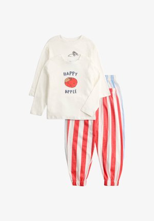 Zwei Sets von Kinderpyjamas mit langärmeligen weißen Oberteilen; das vordere Oberteil trägt einen "Happy Apple"-Aufdruck und wird mit rot-weiß gestreiften Hosen kombiniert.