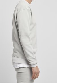 Felpa grigia chiara con collo rotondo, polsini e orlo a coste. Texture liscia, design minimalista, indossata sopra una camicia bianca, vista laterale.