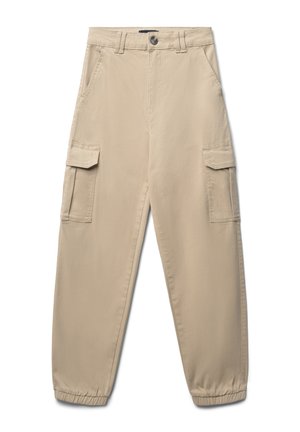 Pantaloni cargo beige con vita alta, polsini elastici, tasche laterali e tasche a patta sulle gambe. Realizzati in tessuto leggero.
