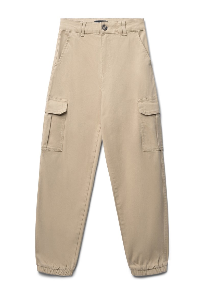 Beige Cargo-Hosen mit hoher Taille, elastischen Bündchen, seitlichen Taschen und Klapptaschen an den Beinen. Hergestellt aus leichtem Stoff.