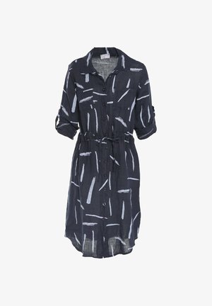 Vestido de camisa de lino azul marino con patrón de pinceladas blancas, con botones en la parte delantera, cuello tipo camisero y cintura ceñida con cinturón. Mangas de 3/4 con tiras de enrollado.