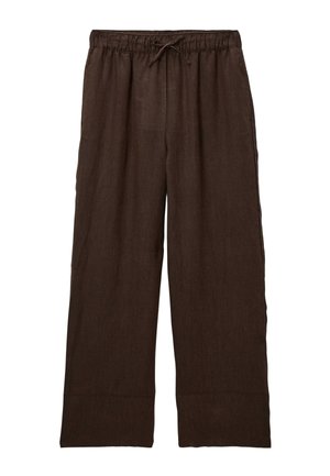 Pantalon large marron avec taille élastique et cordon, fabriqué en tissu léger adapté à une tenue décontractée.