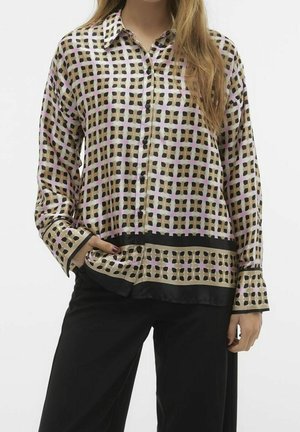 Langärmlige Bluse aus gemusterter Seide mit kariertem Design in Schwarz, Pink und Beige. Verfügt über eine durchgehende Knopfleiste und einen kontrastierenden schwarzen Saum.