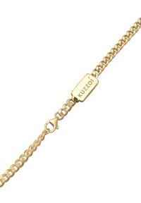 Bracciale con catena d'oro con targhetta rettangolare incisa con la scritta "Kuzzoi." Il design presenta maglie intrecciate e una robusta chiusura a moschettone.