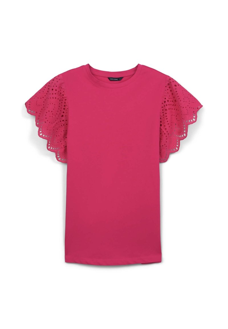 T-shirt fuchsia avec des manches courtes en dentelle perforée ; encolure ronde et en tissu doux en mélange de coton. Texture lisse et design décontracté.