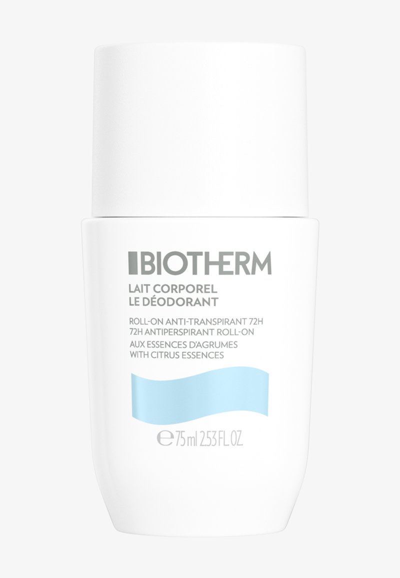 Déodorant roll-on Biotherm Lait Corporel, antisudorifique 72 heures aux essences d'agrumes, flacon blanc de 75 ml avec un design vague bleue.