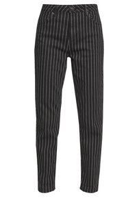 Svart randig byxor i bomull med en figursydd design, två framfickor och knappstängning.