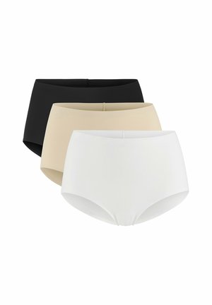 Sæt med tre sømløse højtaljede trusser i sort, beige og hvid, stablet front til tilbage på en hvid baggrund.