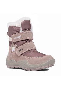 Fioletowe ocieplane buty śniegowe z rzepem, sztucznym futerkiem przy kołnierzu i detalem w kształcie gwiazdy. Wykonane z połączenia miękkiego tekstylnego materiału i zamszu.