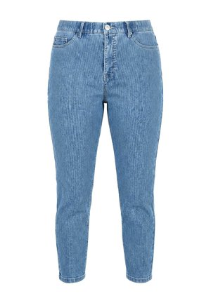 Blauwe high-rise skinny jeans met verticale witte krijtstrepen, knoopsluiting aan de voorkant en vijfzakkenstijl.