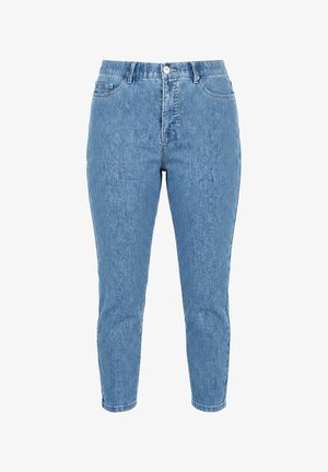 Blauwe high-rise skinny jeans met verticale witte krijtstrepen, knoopsluiting aan de voorkant en vijfzakkenstijl.