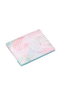 Fabric wallet with a pastel pink and mint green palm leaf pattern. Features a soft texture, rectangular shape, and stitched edges.