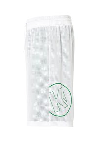 Shorts de sport en maille blanche avec une taille élastique et un logo "K" vert dans un cercle sur le côté près de l'ourlet.