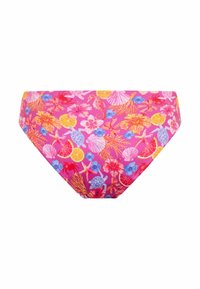 Bas de bikini rose avec un motif floral et marin vibrant, comprenant des coquillages, des tortues et des fleurs tropicales, fabriqué en tissu extensible.