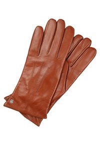 Guanti in pelle marrone con una texture liscia, caratterizzati da tre dettagli di cucitura sul dorso e un piccolo accento con logo metallico.