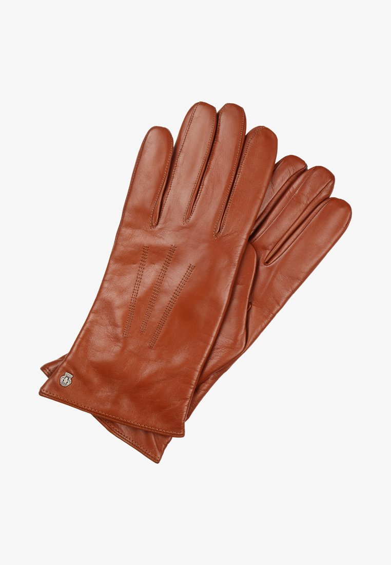 Brown leather gloves with a smooth texture, featuring three stitching details on the back and a small metallic logo accent.