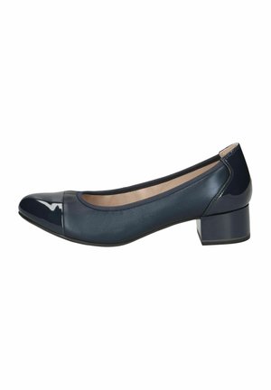 Ballerine in pelle blu navy con punta in vernice lucida. Tacco basso a blocco e superficie liscia. Punta arrotondata e design slip-on.