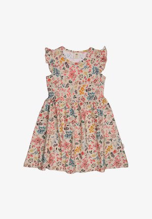 Floral dress with ruffled sleeves, featuring a cream base and colorful floral patterns in pink, blue, yellow, and green. A-line silhouette.