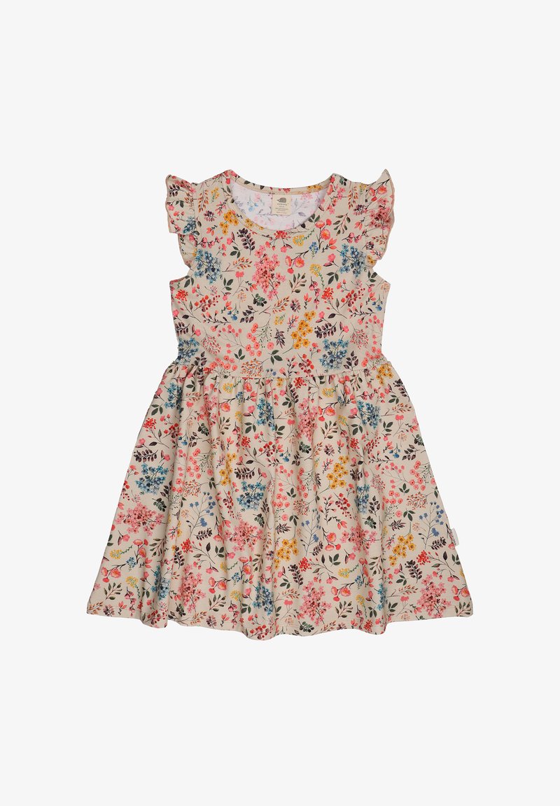 Floral dress with ruffled sleeves, featuring a cream base and colorful floral patterns in pink, blue, yellow, and green. A-line silhouette.