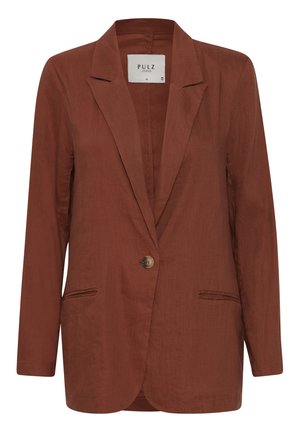 Pruun linane bleiser, millel on sälk-lapels, ühekohaline kinnis, ja kaks esist pocketit. Omab vabamat lõiget ja peent tekstuuri.