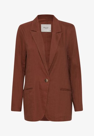 Pruun linane bleiser, millel on sälk-lapels, ühekohaline kinnis, ja kaks esist pocketit. Omab vabamat lõiget ja peent tekstuuri.