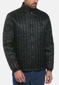 Mann trägt eine schwarze gesteppten Reißverschlussjacke mit Stehkragen und elastischen Bündchen, kombiniert mit dunkelblauen Hosen, vor einem weißen Hintergrund.