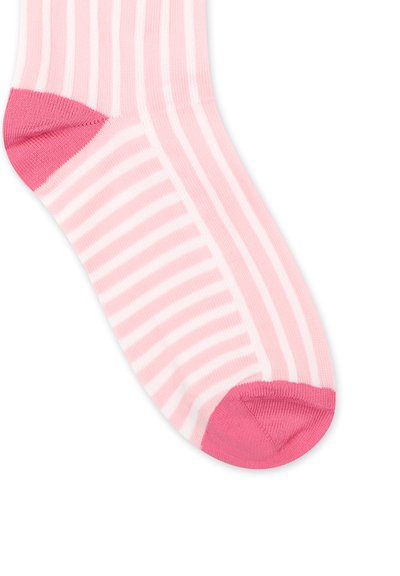 Calzino a righe rosa e bianche con punta e tallone rosa uni. Texture liscia e design di lunghezza media adatto per l'abbigliamento casual.